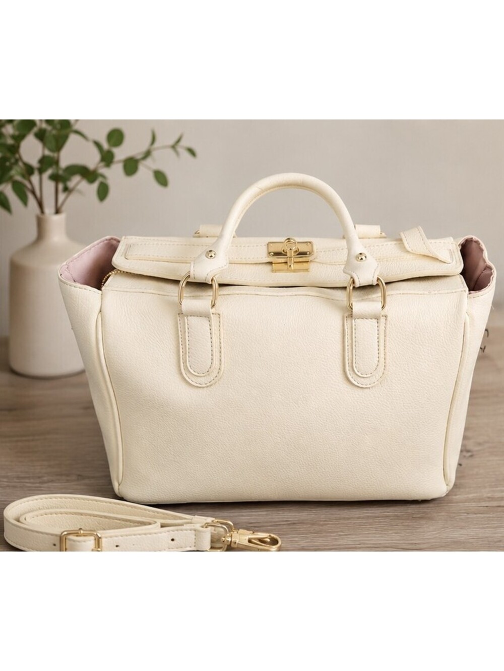 Simons Cream Vegan Leather Handbag with Gold Hardware